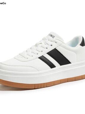 Classic Retro Platform Tennis Shoes - Lightweight Lace-Up Faux Leather